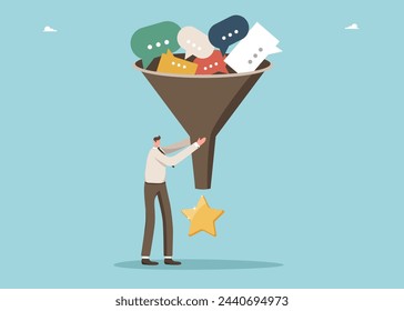 Consumer surveys about quality of products or services to increase sales and brand awareness, increasing clients satisfaction by collecting information, man using funnel with speech bubbles makes star