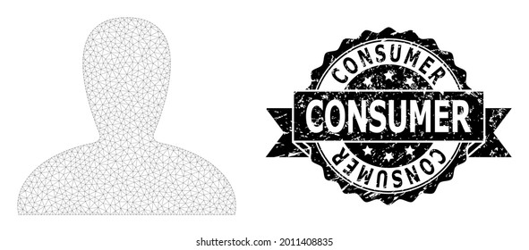 Consumer textured seal and vector spawn persona mesh model. Black seal has Consumer caption inside ribbon and rosette. Abstract 2d mesh spawn persona, created from flat mesh.