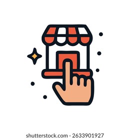 Consumer trade thrives where shoppers gather; a hand points out the bustling activity. Ideal for business, retail, marketing concept design.
