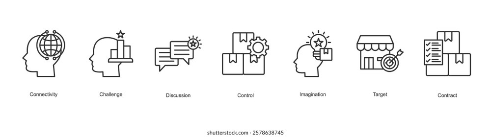 Consumer Trends Icon Connectivity, Challenge, Discussion, Control, Imagination, Target, Contract