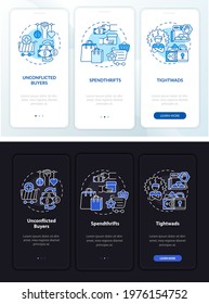 Consumer types onboarding mobile app page screen with concepts. Spendthrift, tightwad walkthrough 3 steps graphic instructions. UI, UX, GUI vector template with linear night and day mode illustrations