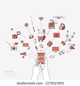 Consumer using smartphone.  Modern illustration in linear style.