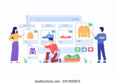 Consumer View, Choose and Buy Fashion Items on Ecommerce Marketplace on Computer Screen Concept Flat Style Design Illustration 