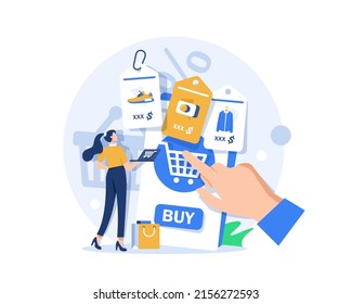 Vista de consumidor, elegir y comprar artículos de moda en el mercado de comercio electrónico en pantalla de ordenador,ilustración de icono de diseño plano vectorial