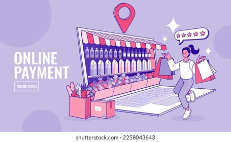 Consumer View. People use online shopping services. computer marketing and e-commerce. Ecommerce Marketplace on laptop. delivery service concept. Digital marketing. Vector illustration.