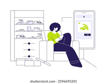 Consumerism abstract concept vector illustration. Woman with a lot of shoes, ecological problems, resources overconsumption, consumerism idea, overaddicted to shopping abstract metaphor.