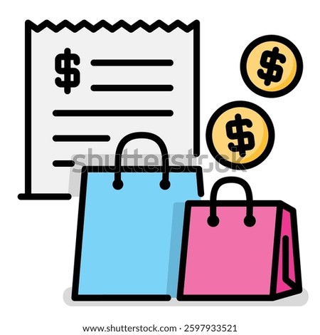 Consumerism cartoon vector graphic, featuring shopping bags and bill