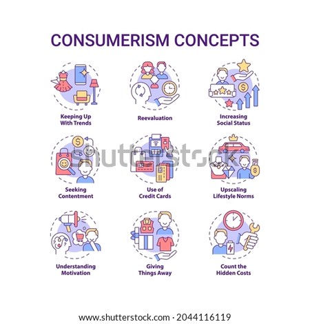 Consumerism concept icons set. Mindless purchasing. Reasons to buy more. Spend money. Excessive buying idea thin line color illustrations. Vector isolated outline drawings. Editable stroke