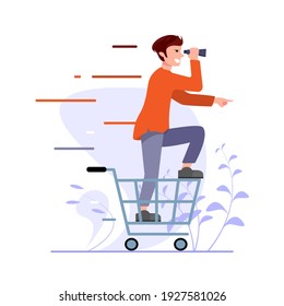 consumerism disorder, man look for items in the shop, go shopping concept illustration flat design vector eps10, graphic element for landing page, empty state app or web ui, media social, infographic