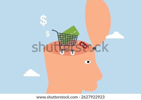 Consumerism, human head featuring shopping cart, credit card, and a sale price tag inside its brain. 