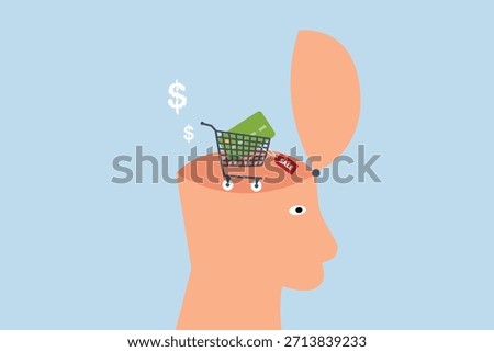 Consumerism, human head featuring shopping cart, credit card, and a sale price tag inside its brain. 
