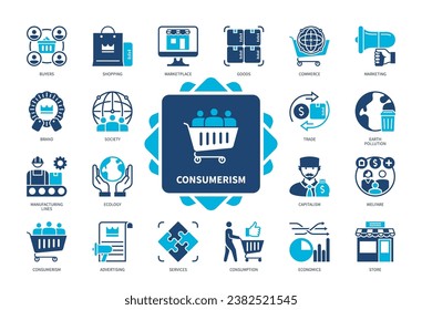 Consumerism icon set. Goods, Services, Advertising, Shopping, Brand, Marketplace, Commerce, Earth Pollution. Duotone color solid icons