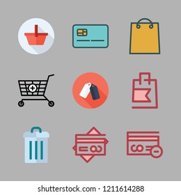 consumerism icon set. vector set about credit card, shopping cart, upermarket and shopping bag icons set.