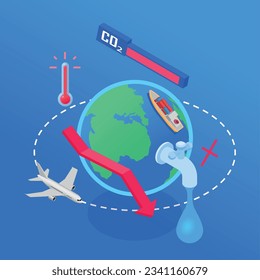 Concepto isométrico del consumo con ilustración vectorial de símbolos de emisión de globo y co2