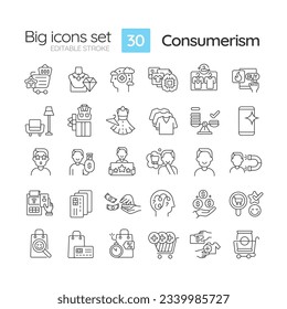 Consumerism linear icons set. Consumer culture. Responsible consumption. Impulse buy. E commerce. Money spending. Customizable thin line symbols. Isolated vector outline illustrations. Editable stroke