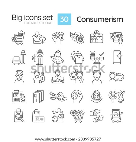 Consumerism linear icons set. Consumer culture. Responsible consumption. Impulse buy. E commerce. Money spending. Customizable thin line symbols. Isolated vector outline illustrations. Editable stroke