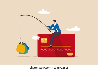 Consumerism and marketing luring people to shop with credit card debt risk, man sitting on credit card fishing with result of shopping bags.