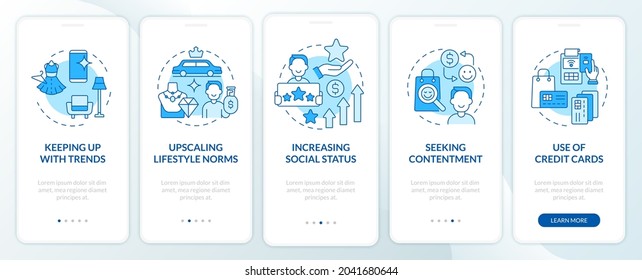 Consumerism motivation blue onboarding mobile app page screen. Buying contentment walkthrough 5 steps graphic instructions with concepts. UI, UX, GUI vector template with linear color illustrations