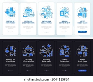 Consumerism motivation dark, light onboarding mobile app page screen. Walkthrough 5 steps graphic instructions with concepts. UI, UX, GUI vector template with linear night and day mode illustrations