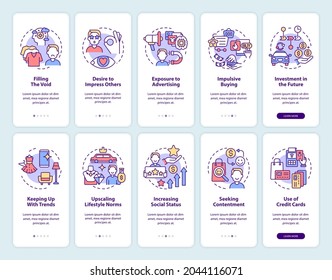 Consumerism onboarding mobile app page screen set. Excessive buying reasons walkthrough 5 steps graphic instructions with concepts. UI, UX, GUI vector template with linear color illustrations