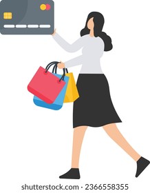 Consumerism, overspending or shopaholic causing credit card debt and poverty, Shopping addiction spending more than your income,  Holding shopping bags and credit card, Checkout payments off shopping
