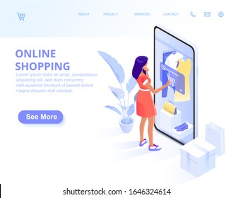 Consumerism and people concept. Sale. Shop online using a smartphone. Landing page template. 3d vector isometric illustration