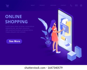 Consumerism and people concept. Sale. Shop online using a smartphone. Landing page template. 3d vector isometric illustration