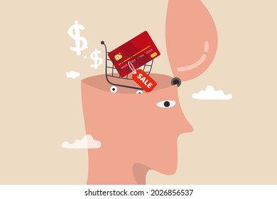 Consumerism, Wanting Mind Or Desire To Buy And Purchasing More, Buying Therapy Or Shopping Addiction Concept, Human Head With Shopping Cart With Credit Card And Sale Price Tag In His Brain.