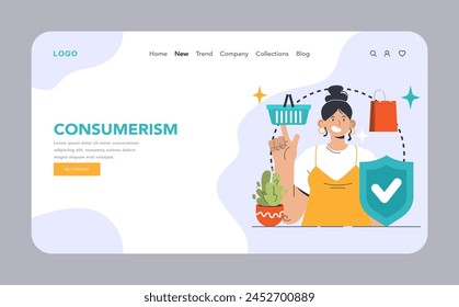 Consumerism web or landing. Woman picks shopping items, ensuring trusted quality. Retail therapy, purchasing power, buyer satisfaction. Protective shield, happy shopping. Flat vector illustration