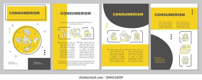 Consumerism yellow brochure template. Excessive purchasing. Flyer, booklet, leaflet print, cover design with linear icons. Vector layouts for presentation, annual reports, advertisement pages
