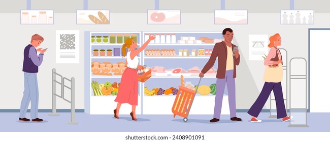 Los consumidores compran en supermercado, tienda minorista de comestibles ilustración vectorial interior. Personajes de caricatura con teléfonos, carrito de la compra y cesta toman comida de los estantes en el pasillo de la tienda con autoservicio