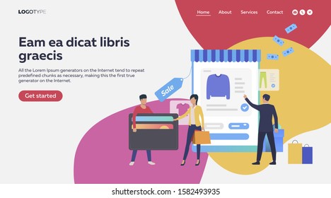 Consumers buying goods in sale online. Internet store, device, credit card payment flat vector illustration. Business or retail concept for banner, website design or landing web page