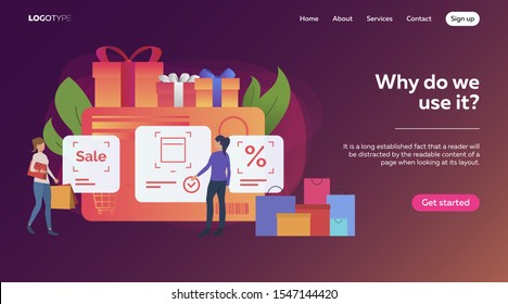 Consumers buying goods at sale. Women holding bags, buying in internet store, paying by credit card vector illustration. Business, commerce concept for banner, website design or landing web page