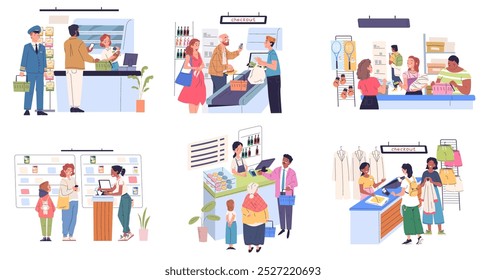 Consumers at checkout. Customer buy paying purchase at cashier counter desk in retail store or cafe service, supermarket seller work shop consumer client classy vector illustration original artwork