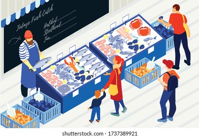 Consumers choosing products at farm market fish shop 3d isometric vector illustration