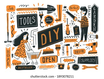 Consumers in DIY store. Vector illustration of instruments for home renovation and shop departments in a flat style with hand drawn lettering. Perfect for hardware store poster, banner or flyer