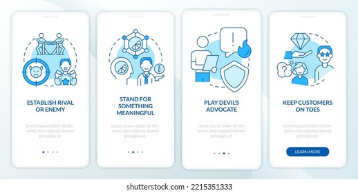 Consumers engagement blue onboarding mobile app screen. Client magnet walkthrough 4 steps editable graphic instructions with linear concepts. UI, UX, GUI template. Myriad Pro-Bold, Regular fonts used