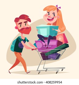 Consumers with a full shopping basket. Vector illustration.