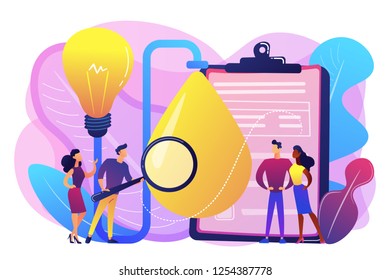 Consumers with magnifier testing new product properties. Product testing, customer needs identification, market research studies concept. Bright vibrant violet vector isolated illustration