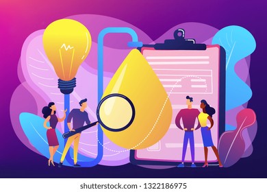 Consumers with magnifier testing new product properties. Product testing, customer needs identification, market research studies concept. Bright vibrant violet vector isolated illustration