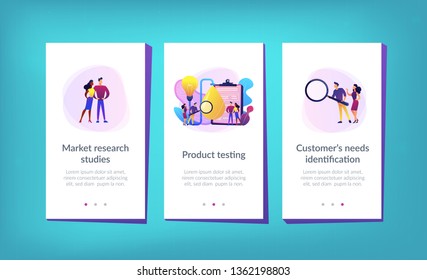 Consumers with magnifier testing new product properties. Product testing, customer needs identification, market research studies concept. Mobile UI UX GUI template, app interface wireframe