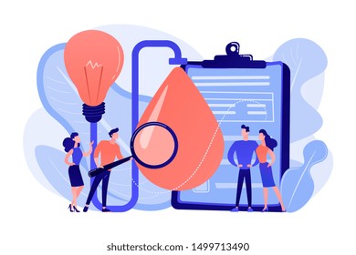 Consumers with magnifier testing new product properties. Product testing, customer needs identification, market research studies concept. Living coral bluevector isolated illustration