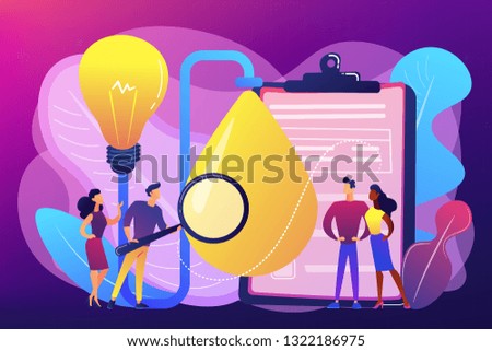 Consumers with magnifier testing new product properties. Product testing, customer needs identification, market research studies concept. Bright vibrant violet vector isolated illustration