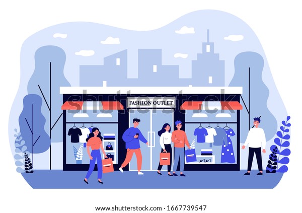 Consumers shopping in apparel\
boutique flat vector illustration. Happy people walking on city\
street near fashion store, mall, or shop. Retail and fashion outlet\
concept