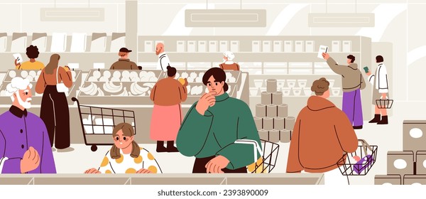 Consumers in supermarket. Characters in grocery store. People shopping, going with cart and basket. Buyers choosing and buying food products, making purchases in hypermarket. Flat vector illustration