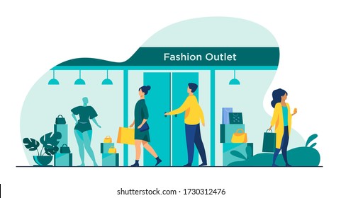 Consumers walking along street near apparel store flat vector illustration. Shop mannequins in showcase windows. Fashion outlet, consumerism and boutique mall concept