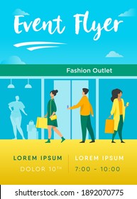Consumers walking along street near apparel store flat vector illustration. Shop mannequins in showcase windows. Fashion outlet, consumerism and boutique mall concept