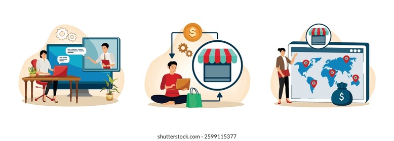 Consumers who make purchases and chat directly on the website. Man using a laptop, representing the concept of a return goods and canceled order. Business strategy, intellectual property.