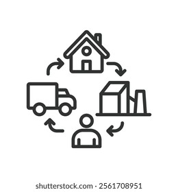 Consumption cycle, icon in line design. Consumption, cycle, process, waste, resources, energy, sustainability on white background vector. Consumption cycle editable stroke icon