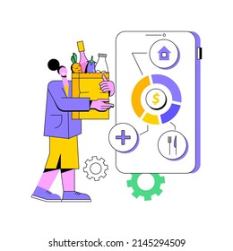 Ilustración vectorial de concepto abstracto de gasto de consumo. Gasto de consumo, presupuesto de los hogares, centro comercial, tarjeta de crédito, tienda minorista, metáfora abstracta de compra compulsiva y comercial.